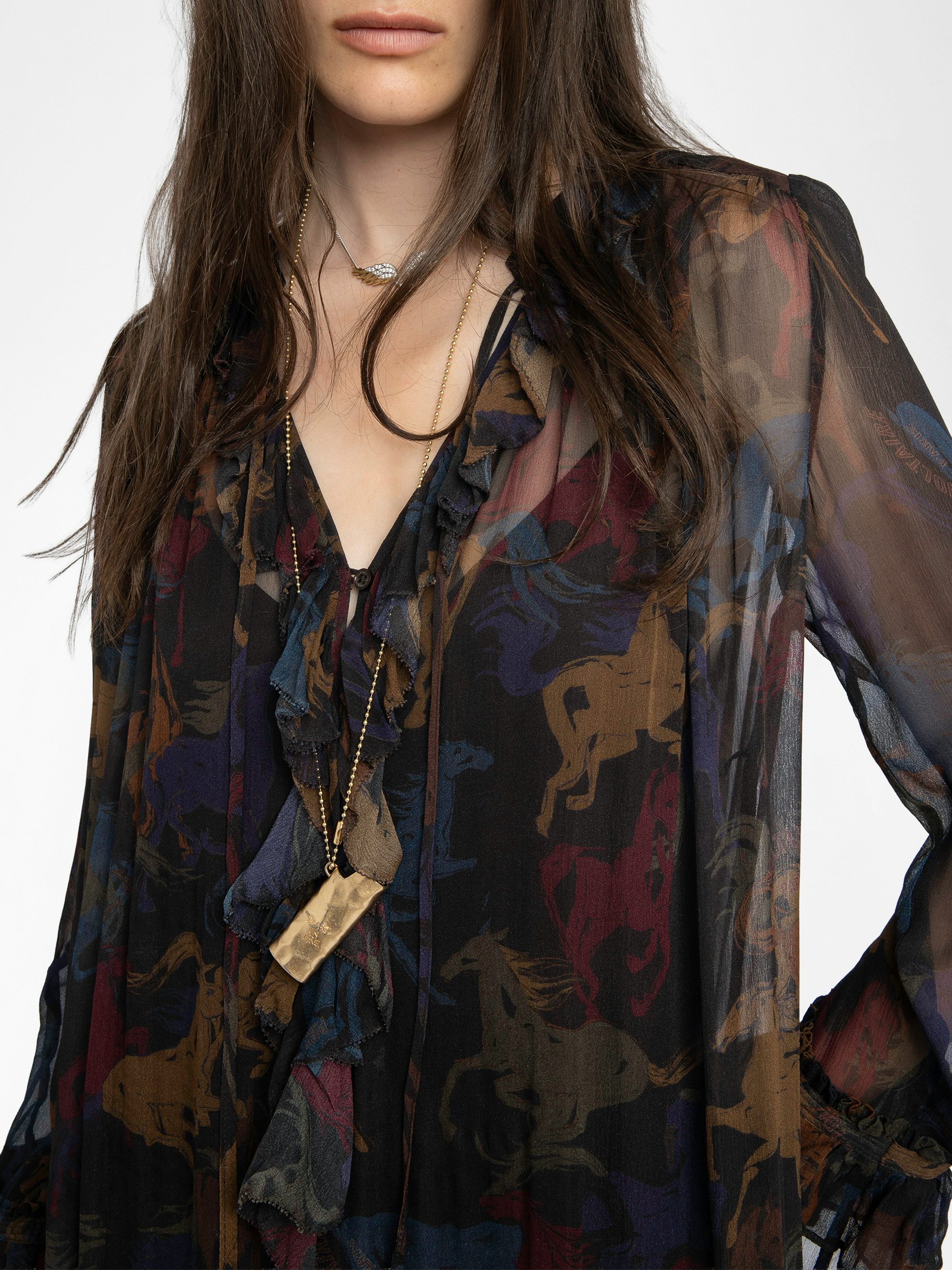 Ralicel Dress - Long draped dress in printed muslin, long sleeves.